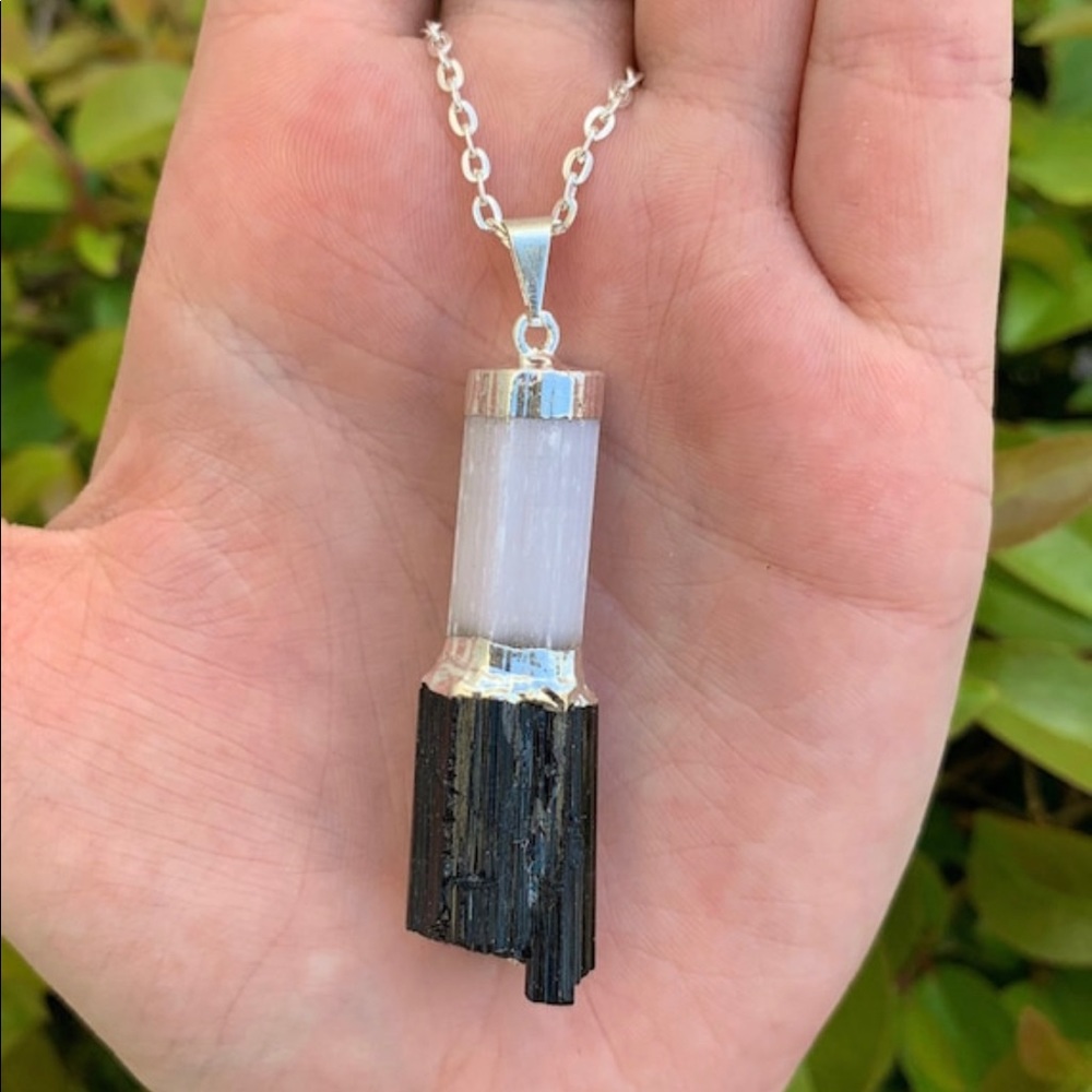 Selenite & Black Tourmaline Pendant, Selenite & Tourmaline Necklace, Meditation